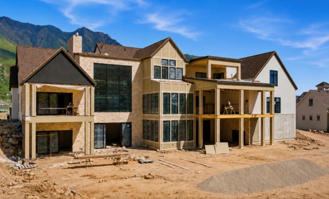 Rear elevation of the Elk Ridge estate under construction, Wasatch Range behind